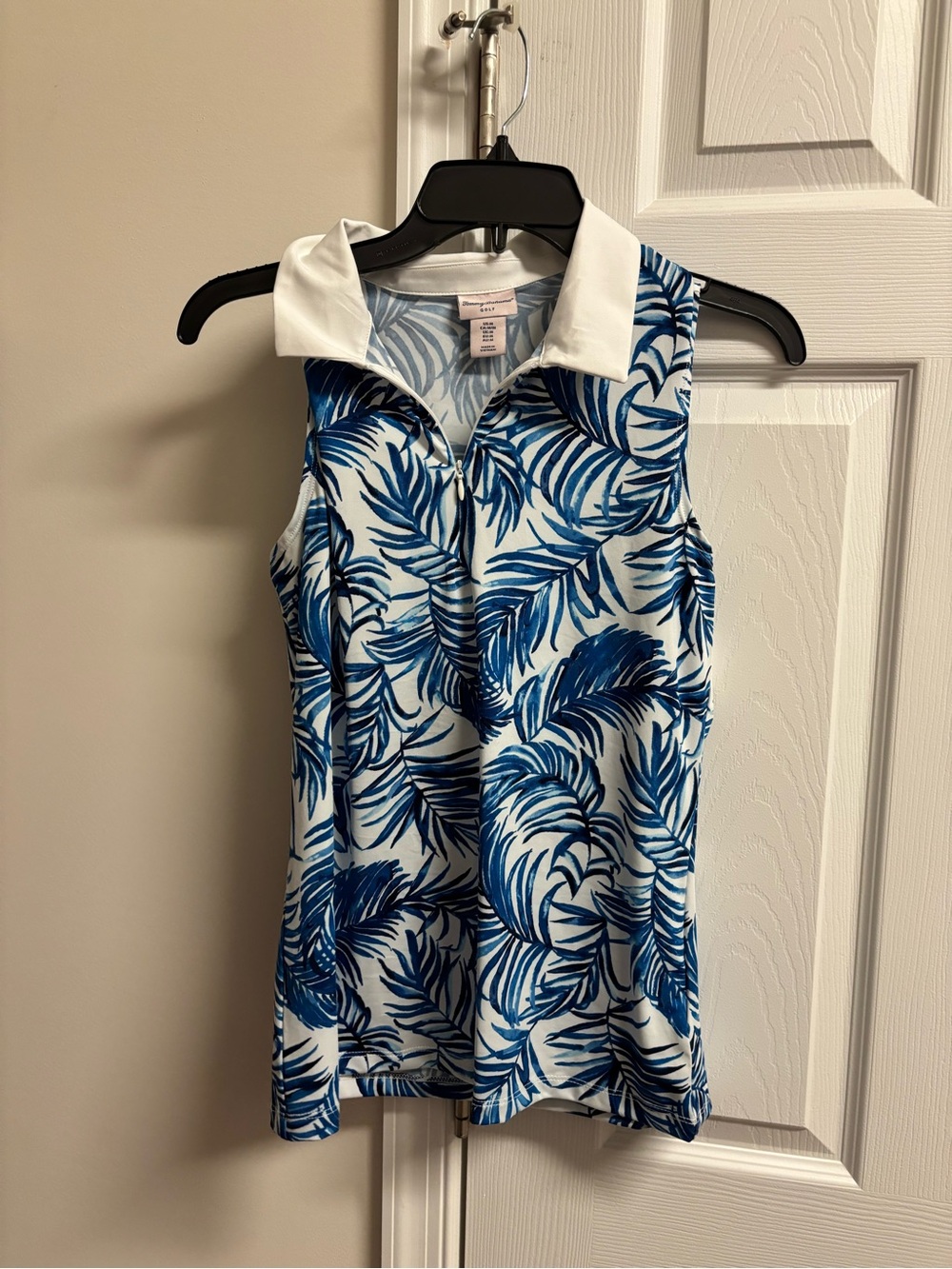Tommy Bahama White and Blue Palm-Print Sleeveless Zip Polo